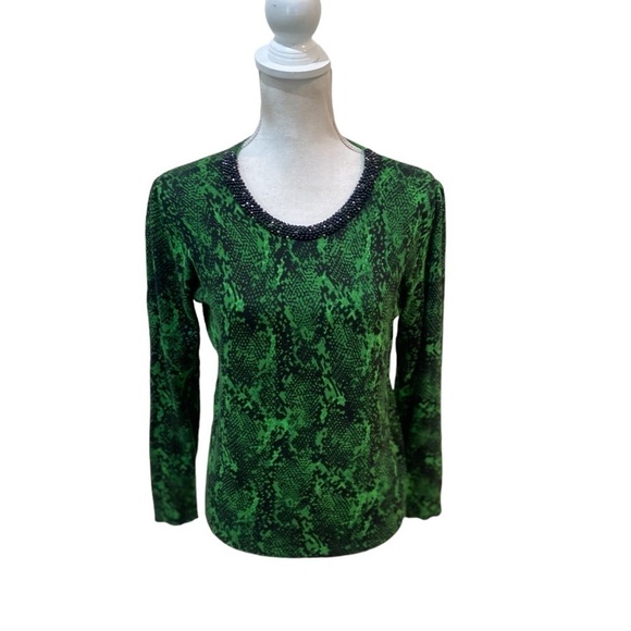 Inc green python print knit long sleeved sweater with beaded neckline medium - Picture 1 of 10